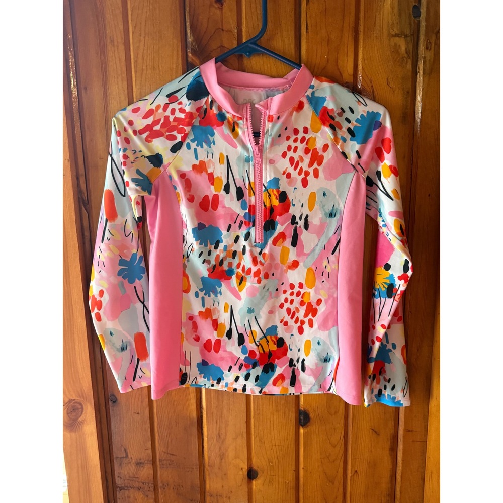 DSG Girls Large Pink Abstract Print Quarter Zip Long Sleeve Rash Guard Swim Top